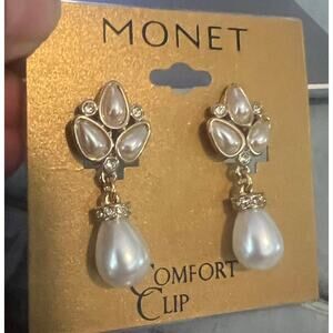 NWT Monet Comfort Clip Pearl Tower Earrings Drop Feminine Wedding Bride Classic